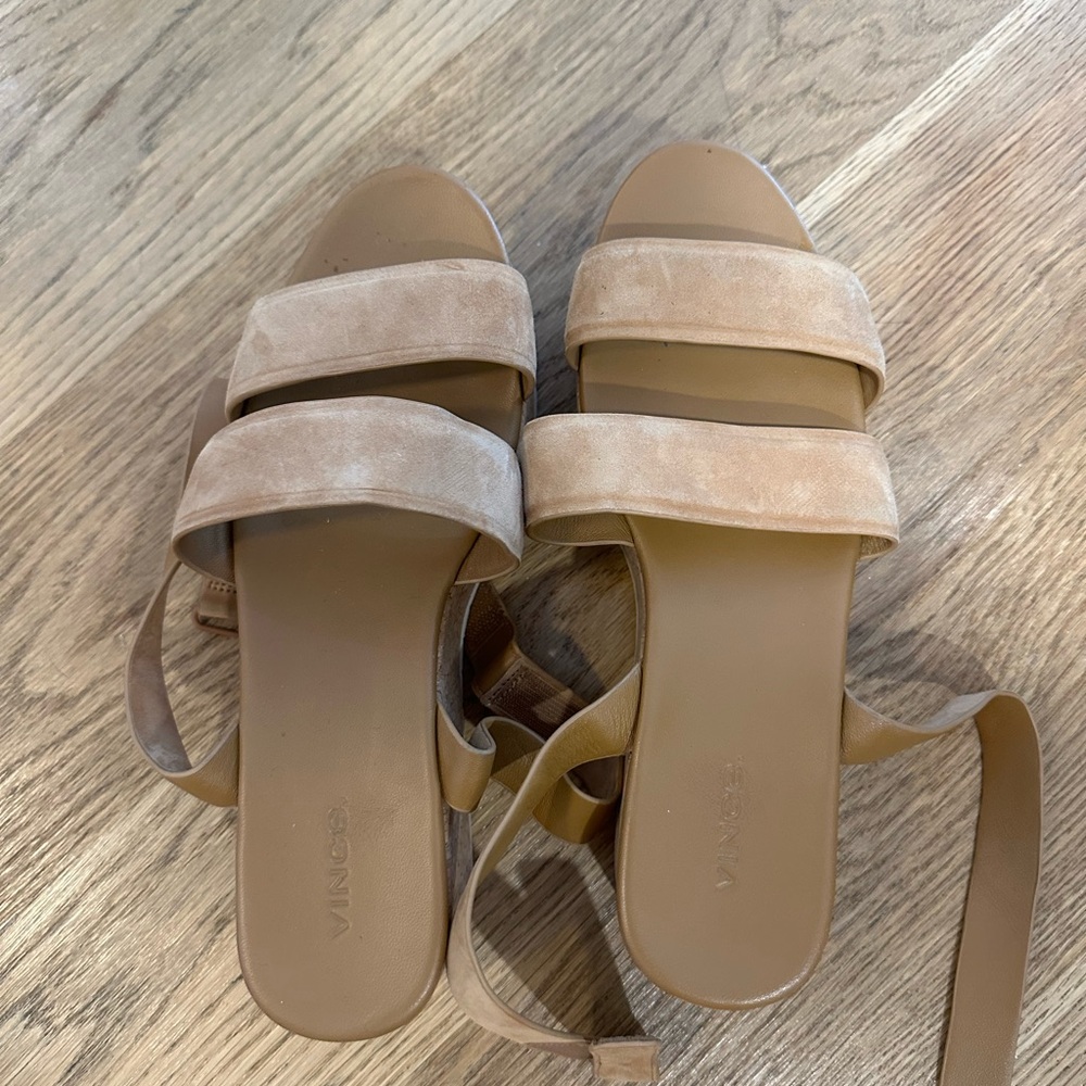 Vince Beige Suede Double-Strap Ankle Wrap Sandal